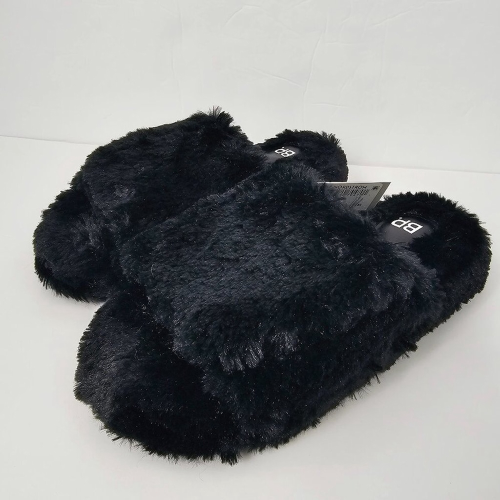 BP Fawn Women's Black Faux Fur Velcro Slide Slippers Size L 9/10 NWT